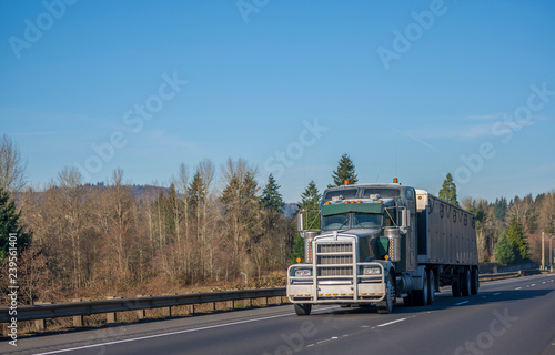 Big rig dark green classic American semi truck with covered low bulk semi trailer moving on the road with trees on background