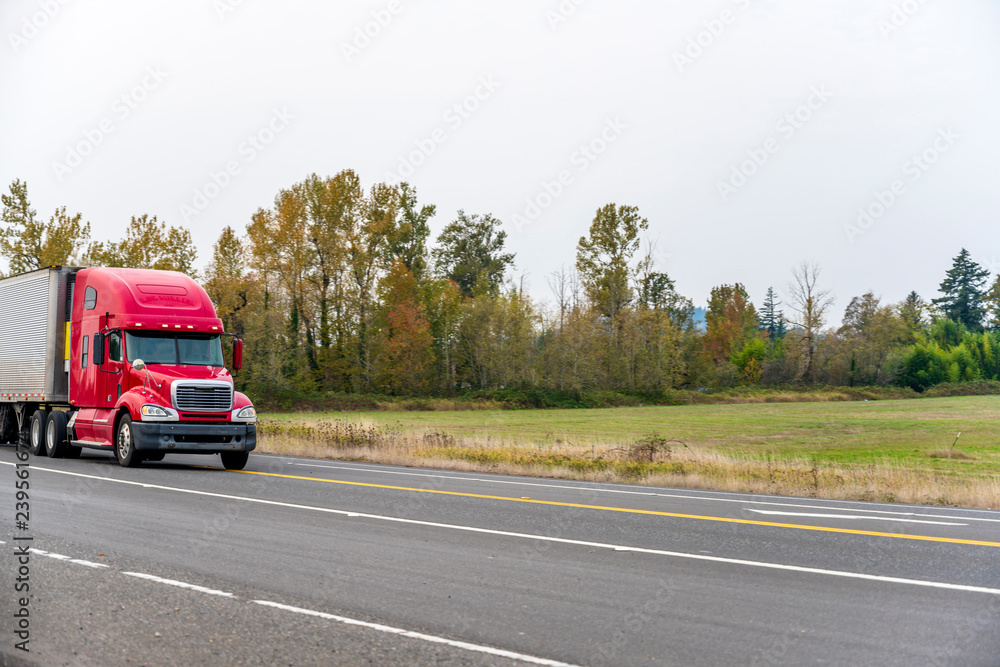 Big rig red semi truck tractor transporting refrigerator semi trailer on the straight road on trees and field background