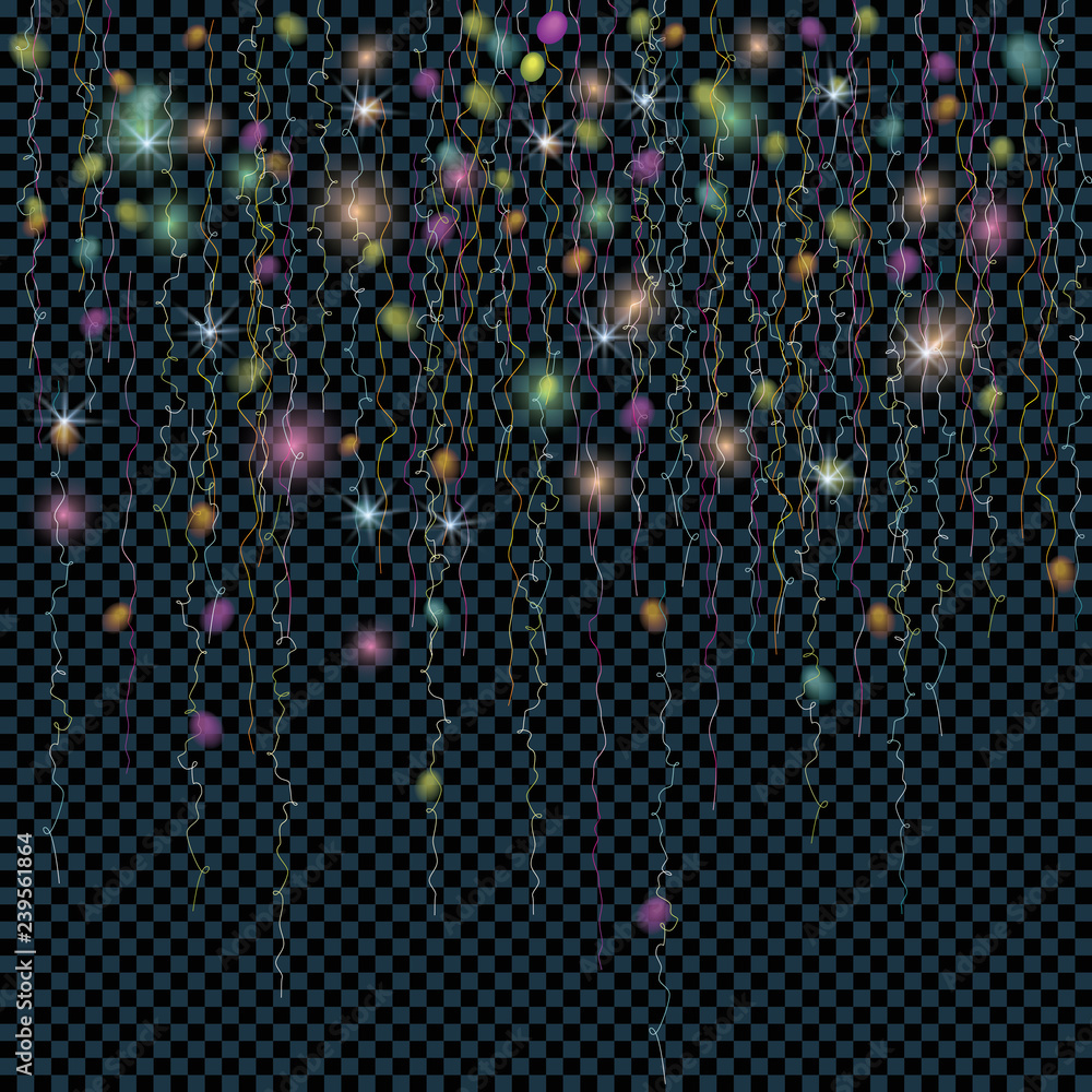 Christmas glowing lights with serpantine on a dark background. . Xmas holidays. New year, winter. Christmas glowing lights with serpantine on a dark background. . Xmas holidays. New year, winter.