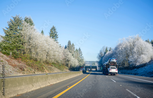 Big rig semi truck transporting cars on car hauler trailer on winter road with frosty trees on the roadsides © vit