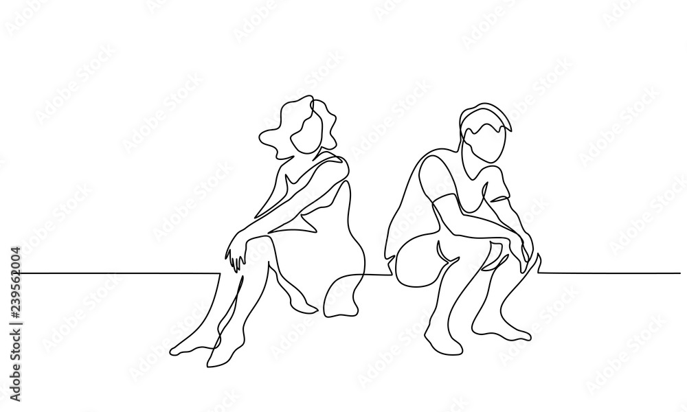 Couple woman and man sitting Continuous line
