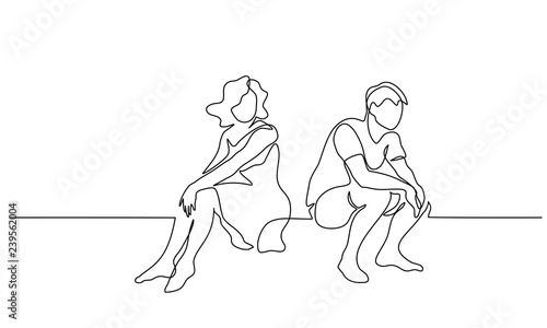 Couple woman and man sitting Continuous line