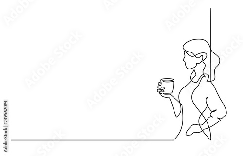 Woman relaxing with cup of tea Continuous line