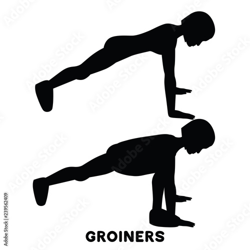 Groiners. Plank. Planking. Sport exersice. Silhouettes of woman doing exercise. Workout, training.