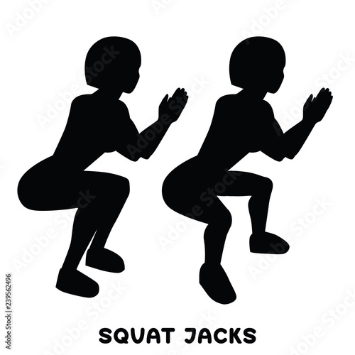 Squat jacks. Squat. Sport exersice. Silhouettes of woman doing exercise. Workout, training.