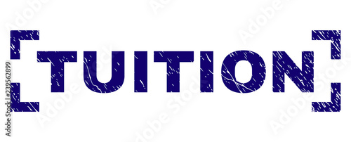TUITION text seal print with corroded texture. Text tag is placed between corners. Blue vector rubber print of TUITION with unclean texture.
