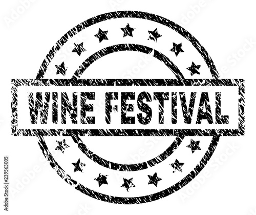 WINE FESTIVAL stamp seal watermark with distress style. Designed with rectangle, circles and stars. Black vector rubber print of WINE FESTIVAL text with dust texture.