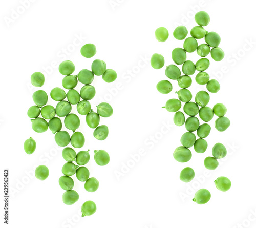 Fresh corn of green peas isolated on white background, top view.