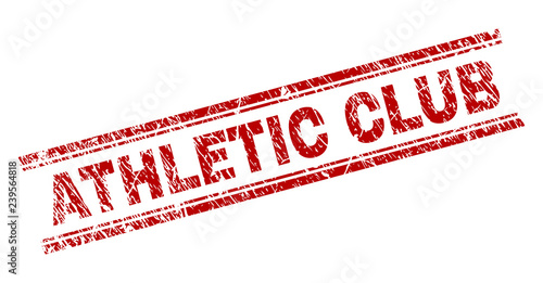 ATHLETIC CLUB seal print with distress texture. Red vector rubber print of ATHLETIC CLUB label with unclean texture. Text label is placed between double parallel lines.