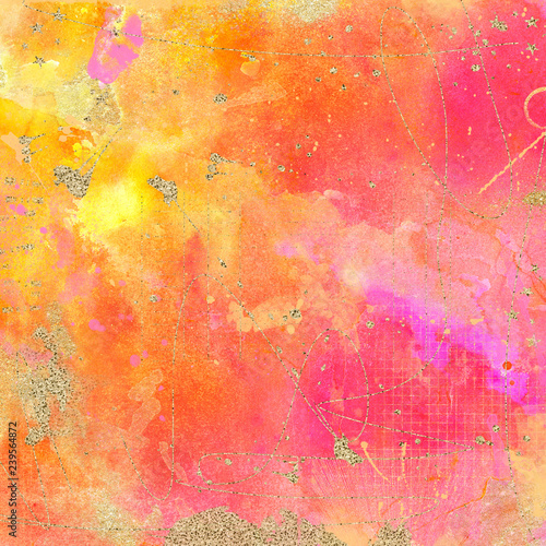 Abstract metallic textured background. Collage with gold glitter, sparkles and foil mixed with an artsy colorful texture.