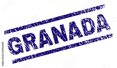 GRANADA seal print with distress style. Blue vector rubber print of GRANADA caption with retro texture. Text caption is placed between parallel lines.