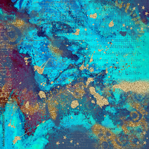 Abstract metallic textured background. Collage with gold glitter  sparkles and foil mixed with an artsy colorful texture.