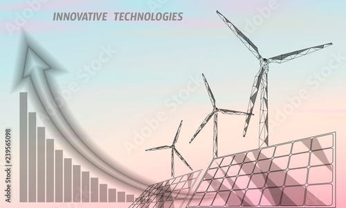 Solar panels windmills turbine generating electricity. Green ecology saving environment. Renewable power low poly polygonal geonetric abstract gray white sky design vector illustration