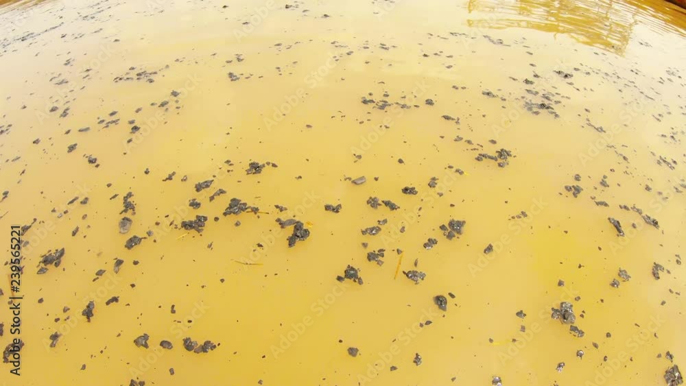 Black coals and ashes from pyres float in brown water of holy river Ganga