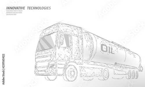 Oil truck highway cistern 3D render low poly. Fuel petroleum finance industry diesel tank. Cylinder vehicle big cargo gasoline logistic economical business polygonal line vector illustration
