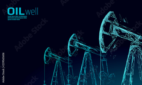 Oil well rig juck low poly business concept. Finance economy polygonal petrol production. Petroleum fuel industry pumpjack derricks pumping drilling point line connection dots blue vector illustration
