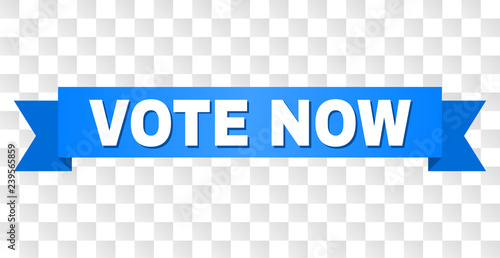 VOTE NOW text on a ribbon. Designed with white caption and blue stripe. Vector banner with VOTE NOW tag on a transparent background.