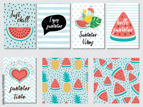 Vector set of Summer holiday cards with fruit watermelon pineapple Quotes Blue pink