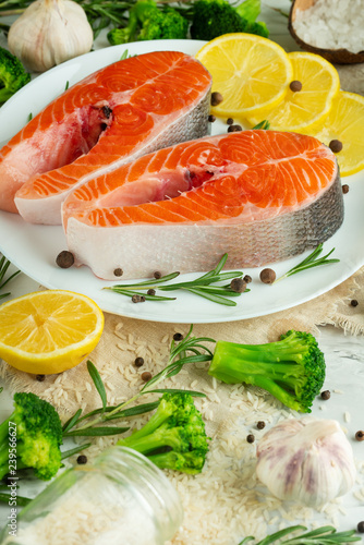 Delicious fresh fish steaks, salmon, trout. With vegetables, deli, vegan food, diet and Dotex