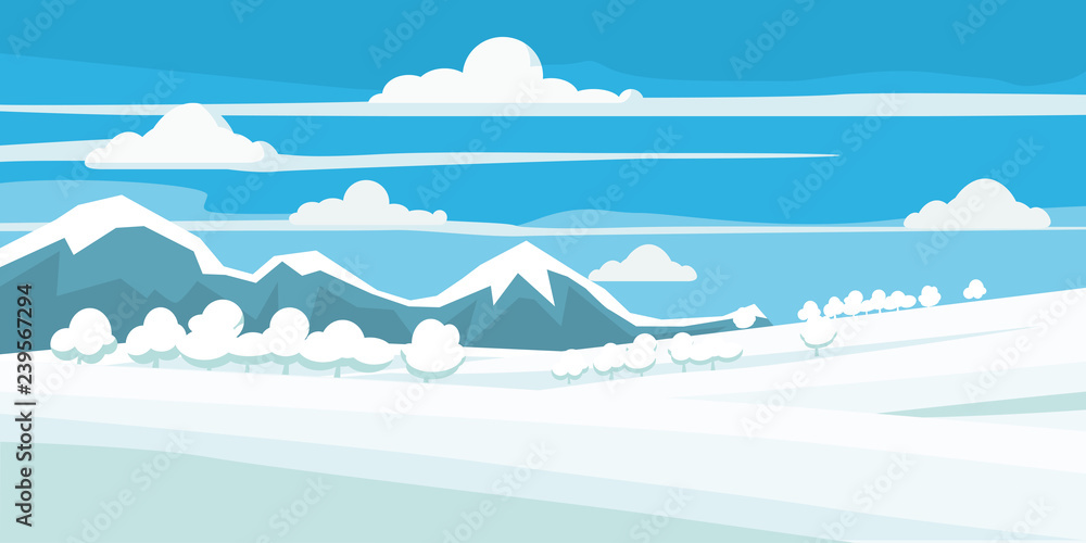 Winter landscape, field in the snow, mountains, trees, style, vector, illustration, isolated
