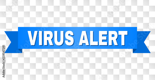 VIRUS ALERT text on a ribbon. Designed with white title and blue tape. Vector banner with VIRUS ALERT tag on a transparent background.