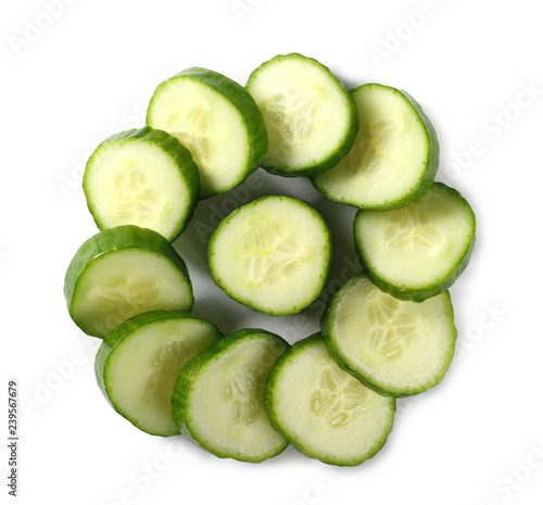 Cucumber slice isolated on white background, top view