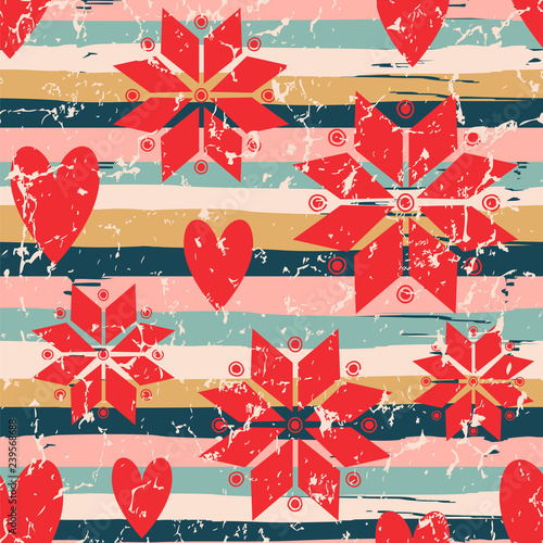 Striped background with stylized stars. Seamless vector pattern with stars and hearts.