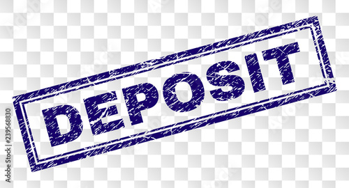 DEPOSIT stamp seal watermark with rubber print style and double framed rectangle shape. Stamp is placed on a transparent background. Blue vector rubber print of DEPOSIT label with dust texture.