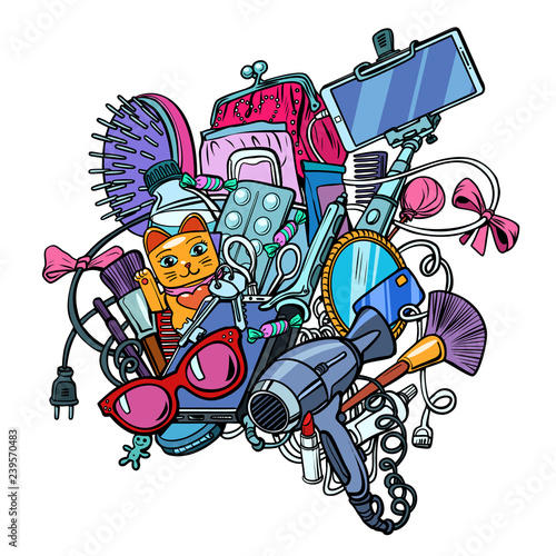 contents of female handbag set isolate on white background