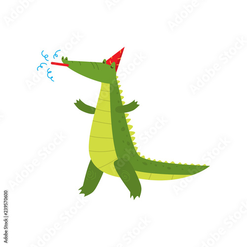 Young green cute cheerful crocodile spends his free time.