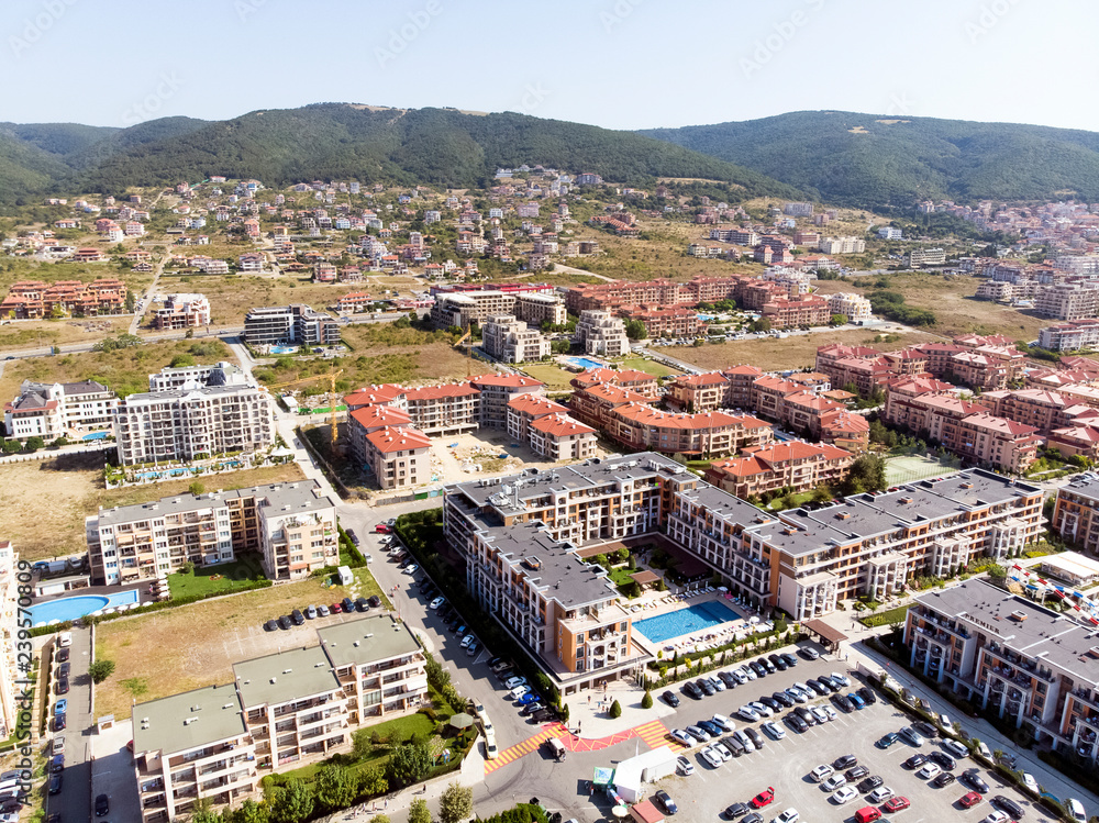 aerial shooting of the resort in Sveti Vlas, sea view and hotel residential buildings with swimming pools