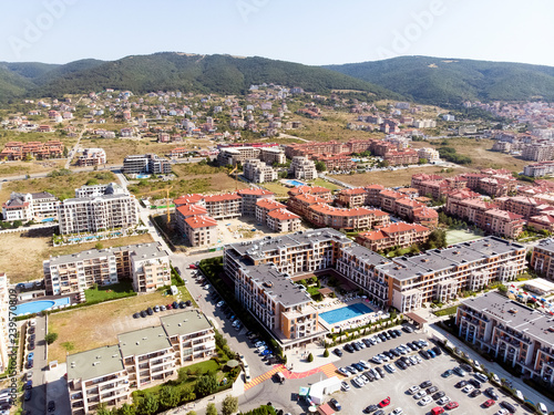 Fototapeta Naklejka Na Ścianę i Meble -  aerial shooting of the resort in Sveti Vlas, sea view and hotel residential buildings with swimming pools
