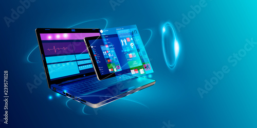 Software, web development, programming concept. Abstract Programming language and program code on screen laptop. Laptop and icons company network . Technology process of Software development