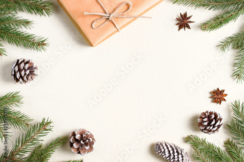 Christmas composition on wooden background.