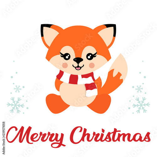 cartoon cute fox with scarf vector sitting and christmas text © julia_january