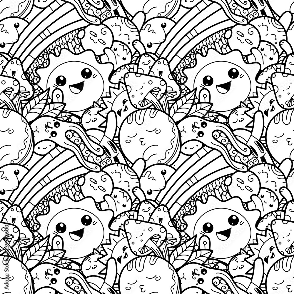 Fototapeta premium Funny doodle monsters on seamless pattern for prints, designs and coloring books
