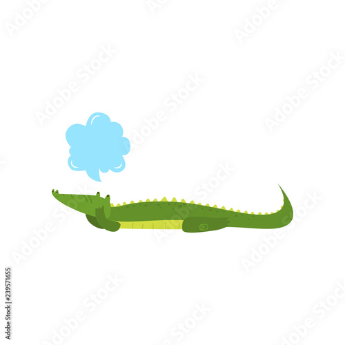 Young green cute cheerful crocodile spends his free time.
