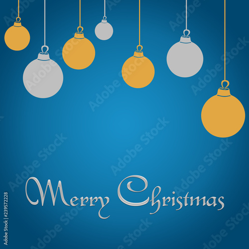 Hanging Christmas balls on blue gradient background with Merry christmas text