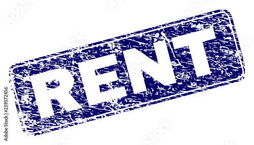 RENT stamp seal print with grunge style. Seal shape is a rounded rectangle with frame. Blue vector rubber print of RENT text with scratched style.