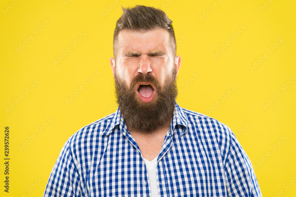 Obraz premium Man bearded hipster with sneezing face closed eyes close up yellow background. Brutal hipster sneezing. Allergy concept. Take allergy medications. Can not stop sneezing. I am going to sneeze