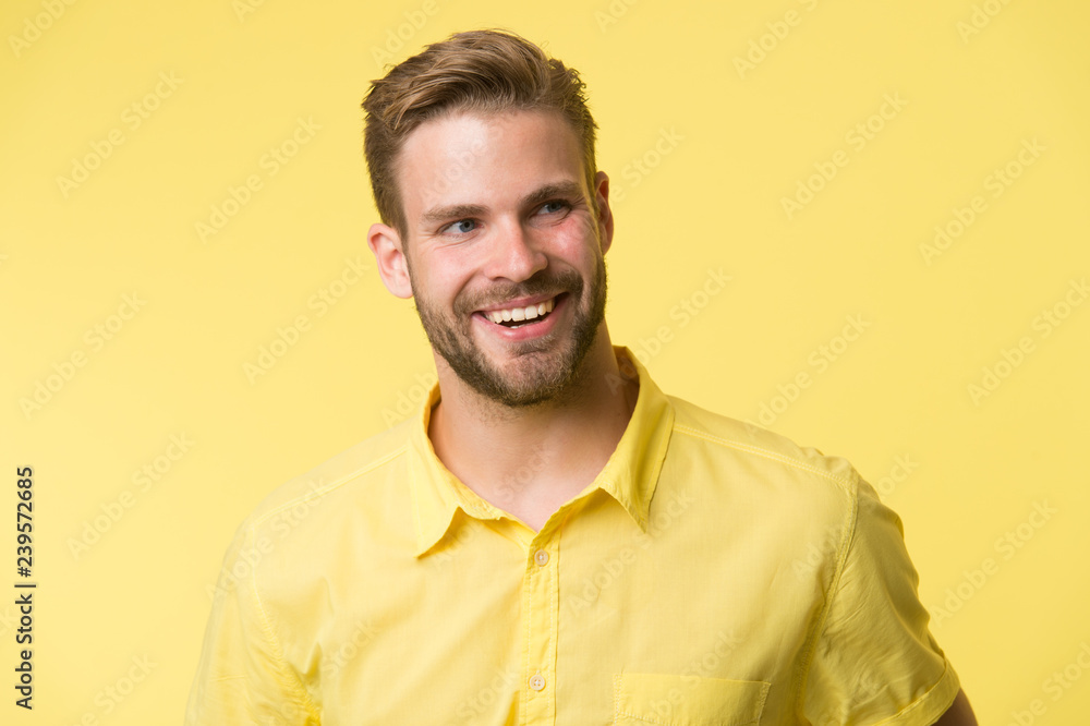 Dentistry concept. Man handsome bearded guy smiling on white background isolated. Guy cheerful smile macho feels happy and satisfied. Teeth health and beauty. Brilliant smile. Man with sincere smile Dentistry concept. Man handsome bearded guy smiling on white background isolated. Guy cheerful smile macho feels happy and satisfied. Teeth health and beauty. Brilliant smile. Man with sincere smile