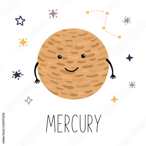 Cute planet Mercury. Planet with hands and eyes. Vector illustration for children