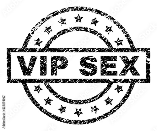 VIP SEX stamp seal watermark with distress style. Designed with rectangle, circles and stars. Black vector rubber print of VIP SEX text with grunge texture.