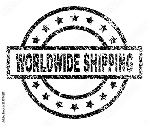 WORLDWIDE SHIPPING stamp seal watermark with distress style. Designed with rectangle, circles and stars. Black vector rubber print of WORLDWIDE SHIPPING tag with dust texture.