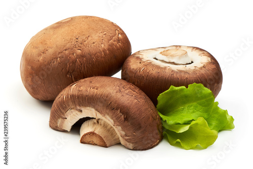 Champignons with a half, close-up, isolated on white background