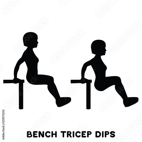 Chair. Bench triceps dips. Sport exersice. Silhouettes of woman doing exercise. Workout, training.