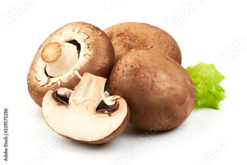 Champignons with Sliced champignons with lettuce, close-up, isolated on white background