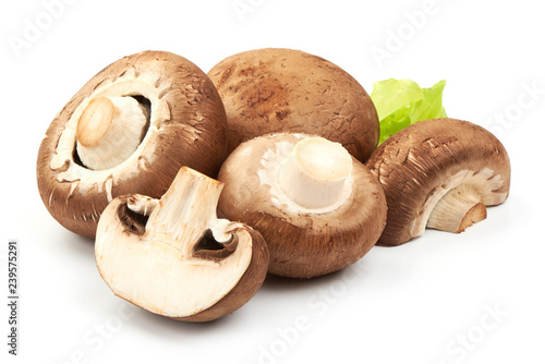 Brown Champignons, Royal Mushrooms with lettuce, close-up, isolated on white background