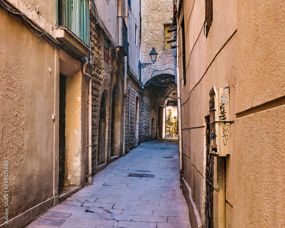 Fototapeta premium Narrow Street, Gothic District, Barcelona, Spain