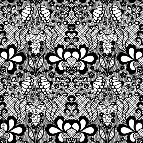 Black lace vintage seamless pattern with flowers